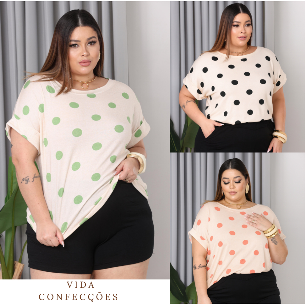 Blusa Feminina Plus Size em Viscolycra Estampada Poá – Tamanhos G1, G2 e G3, Confortável e Estilosa