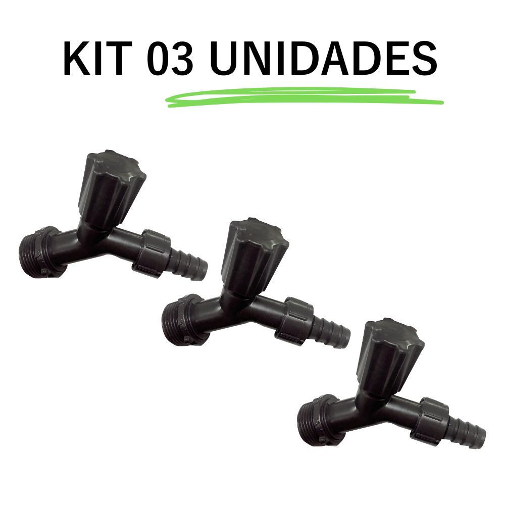 Kit 03 unidades Torneira Plástica para Jardim com bico para mangueira preta 1/2'' x 3/4'' - Plasbohn
