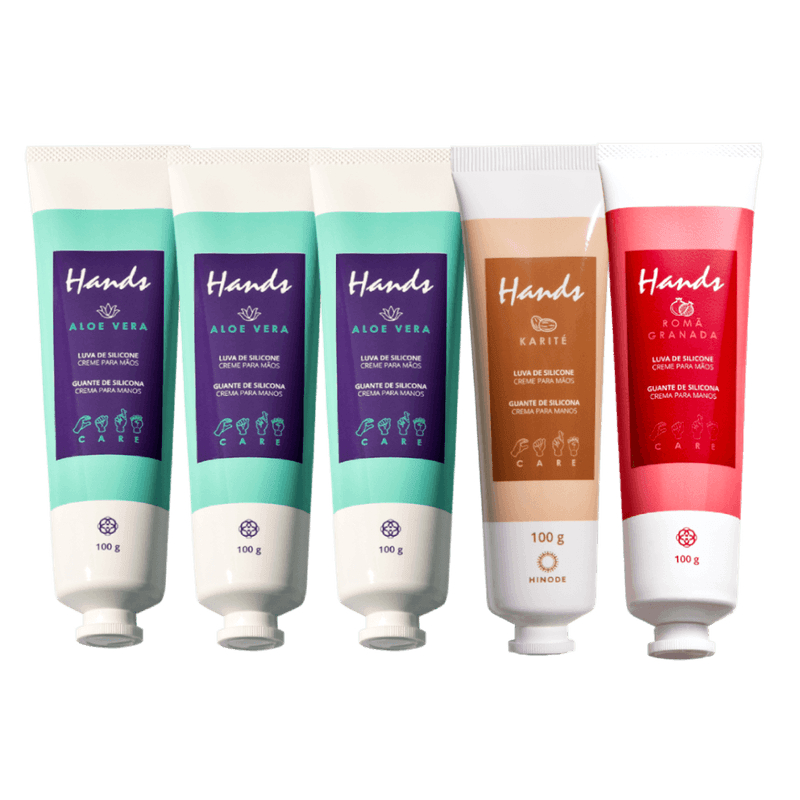 Kit 5 Hands - 3 Aloe Vera, 1 Karitê e 1 Romã Luva De Silicone Creme Para As Mãos Hinode
