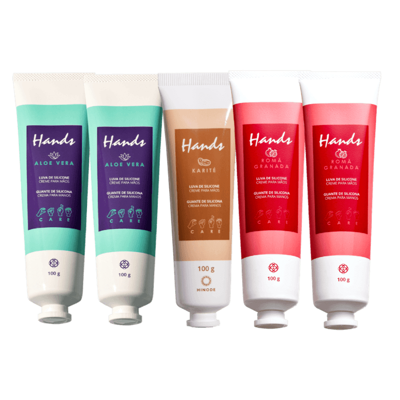 Kit 5 Creme luva de silicone para as Mãos Hands - 2 Aloe Vera, 1 Karitê e 2 Romã