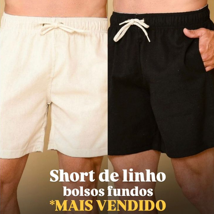 KIT 2 Short Linho Masculino Básico Mauricinho Premium Lavado Alta Qualidade PRETO BEGE