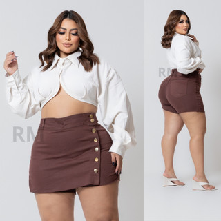 Shorts Saia Jeans Feminino Plus Size C/ Lycra Cintura Alta moda feminina