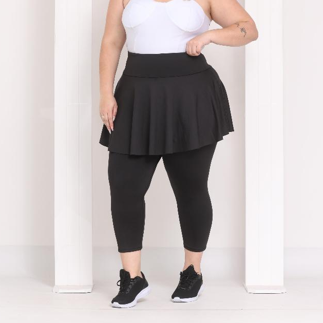 Calça Corsario Plus Size Com Saia Babado Suplex Feminina Cintura Alta