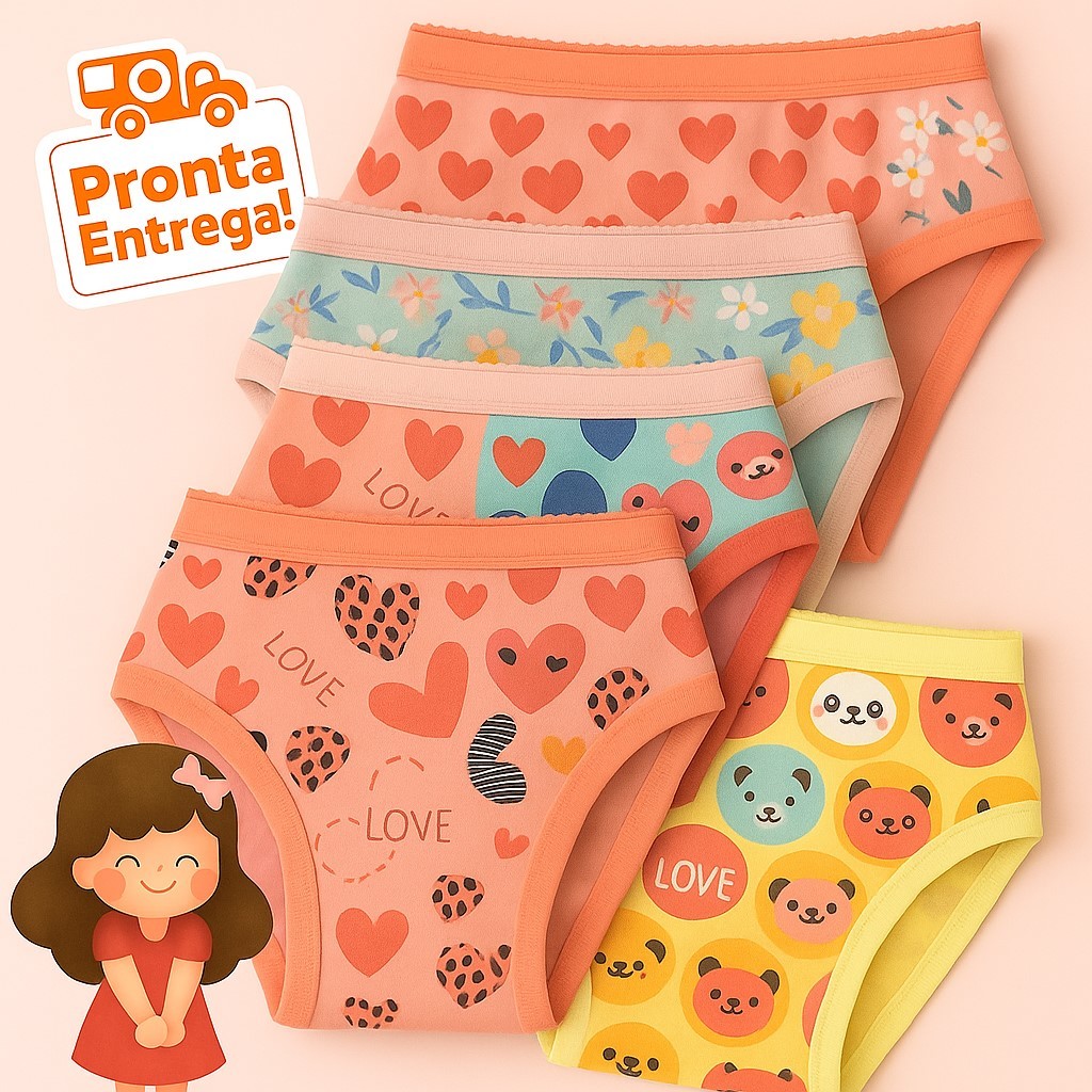 Kit até 20 Unidades de Calcinha Infantil Menina 1 a 8 Anos com Estampas Variadas