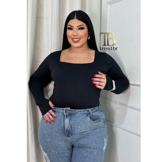 Blusa feminina Body Plus Size Manga Longa Decote Quadrado Curve com fecho Tecido Suplex Moda Gringa em Oferta na Shopee