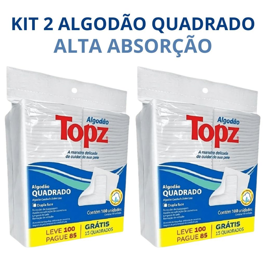 Kit 2 Un Algodão Hidrófilo Quadrado Dupla Face Topz Limpeza Facial C/100 Unidades em Oferta na Shopee