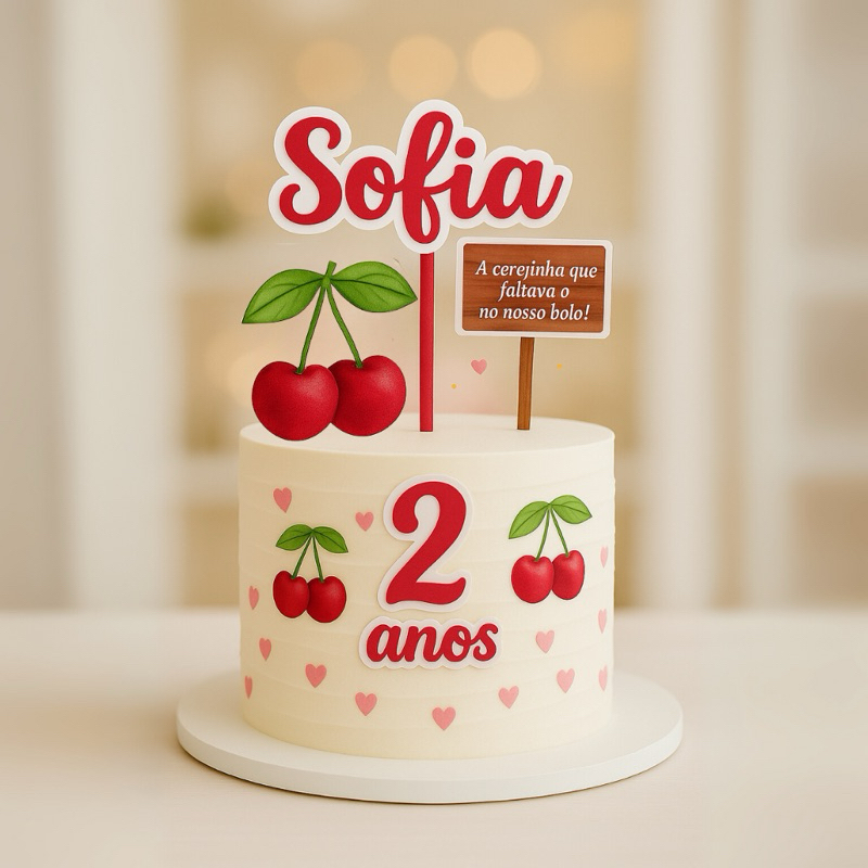 Topo de Bolo Cerejinha Aniversário Topper Mesversario Cereja