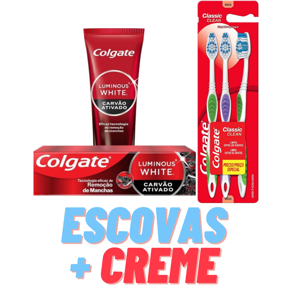 Creme Dental Colgate Luminous White Carvão Ativado 70g + Escova de Dente Colgate Classic Clean 3