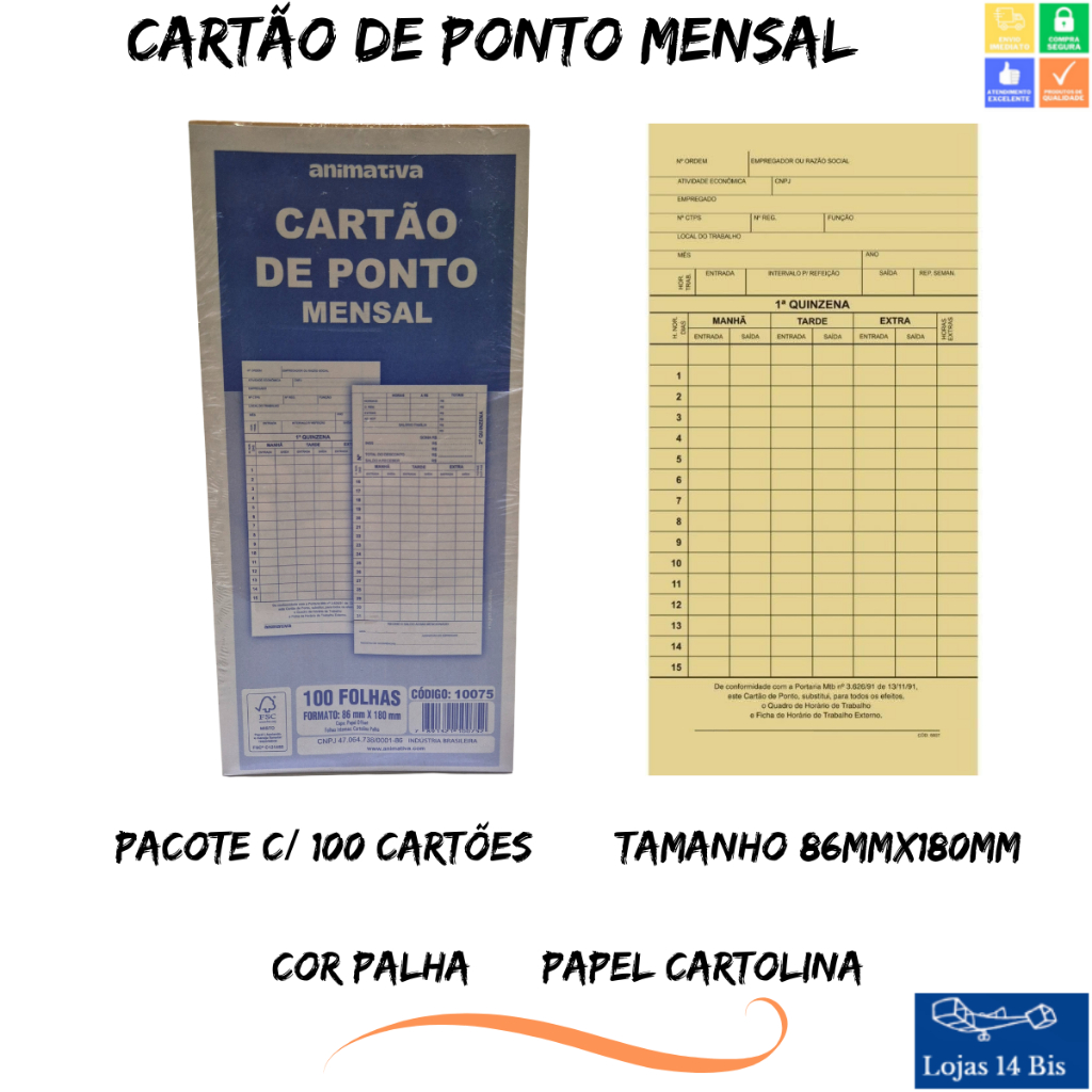 Cartão de Ponto Mensal Animativa São Domingos c/100 Unidades Cor Palha Ref. 10075 86mmX180mm