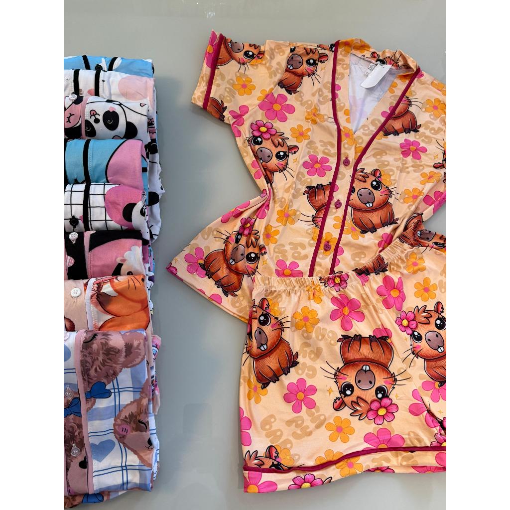 Pijama Americano Blogueira em Suede Estampado com Botões em Oferta na Shopee