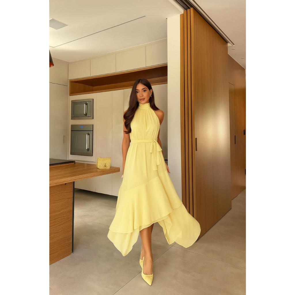 Vestido longo fluido festa camadas