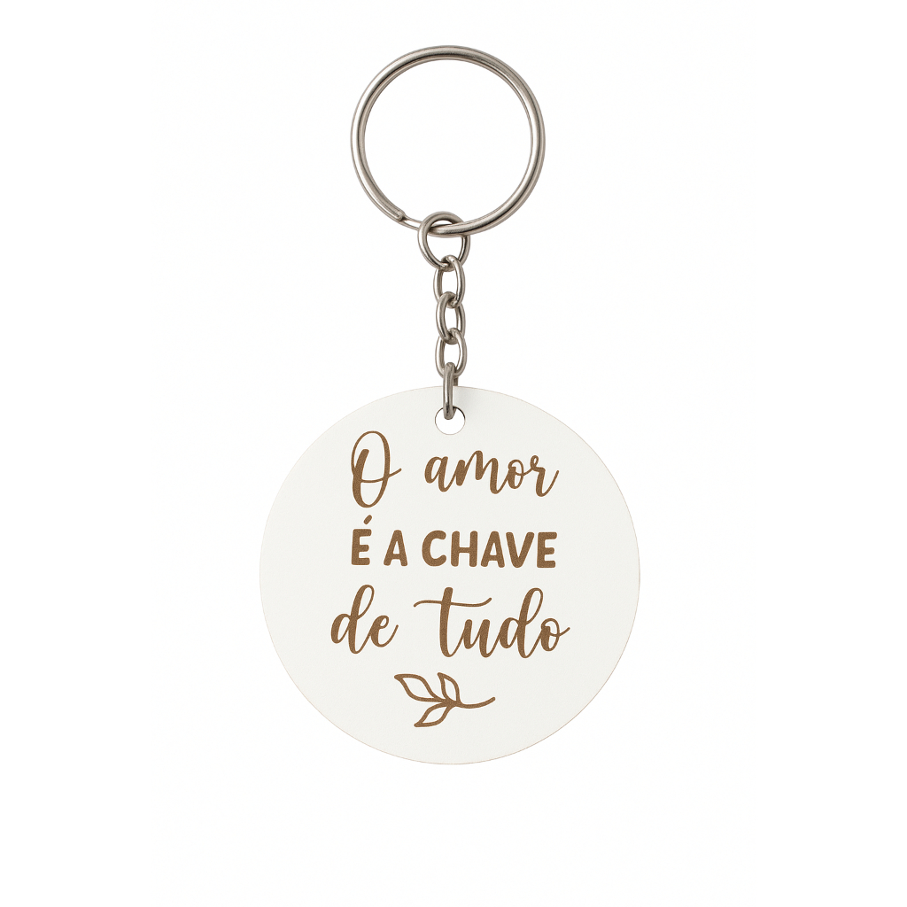 KIT 20/30/40/50 Chaveiro MDF Redondo Casamento Chá Festas com Argola – Personalizado Frase "O Amor é a Chave de Tudo"