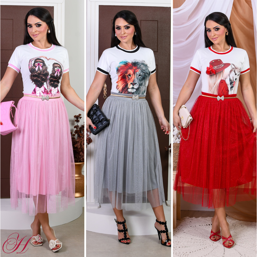 Saia Tule de Brilho Glitter Colorida Forrada Moda evangélica Para Congresso em Oferta na Shopee