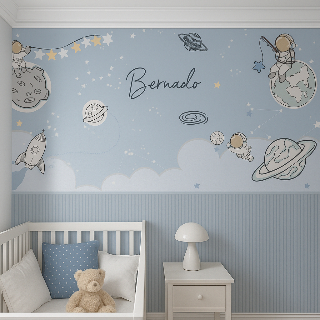Papel de Parede Quarto Bebê Menino Astronauta Personalizado com Nome em Oferta na Shopee