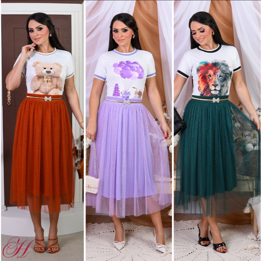 Saia Tule de Brilho Glitter Colorida Forrada Moda evangélica Para Congresso em Oferta na Shopee