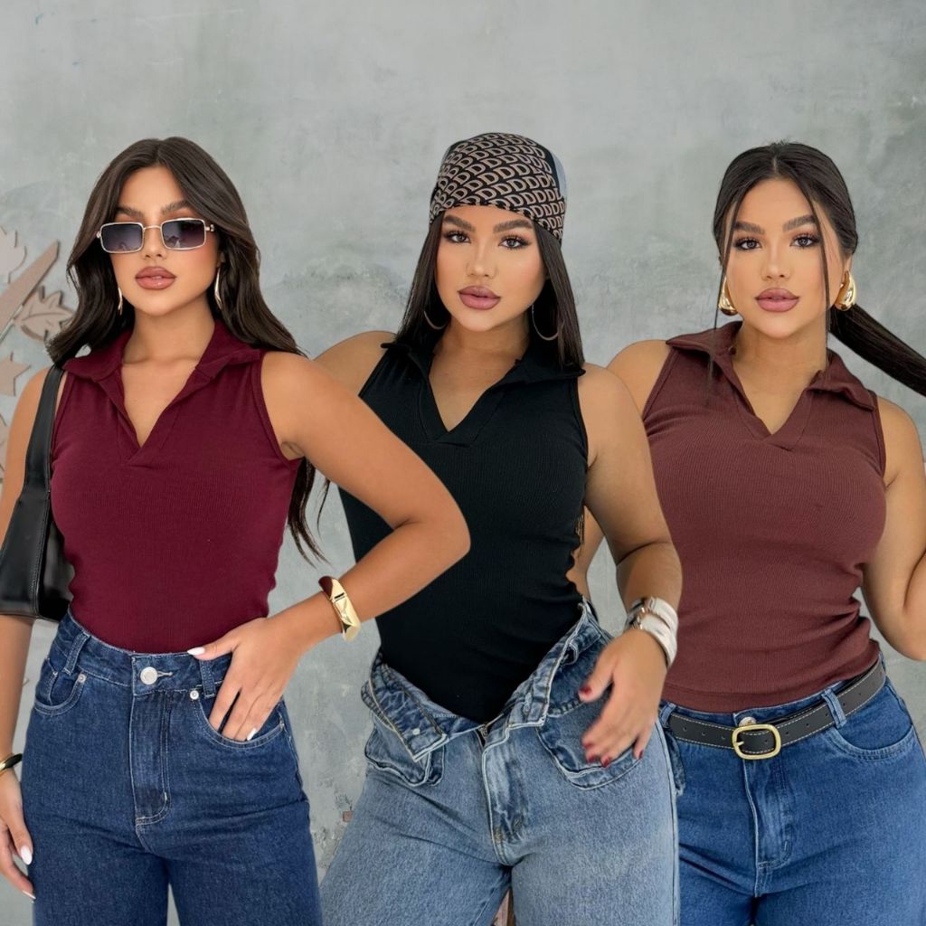 Blusa Básica Feminina Gola Polo Baby look T-shirt Coladinha Ribana Canelada em Oferta na Shopee