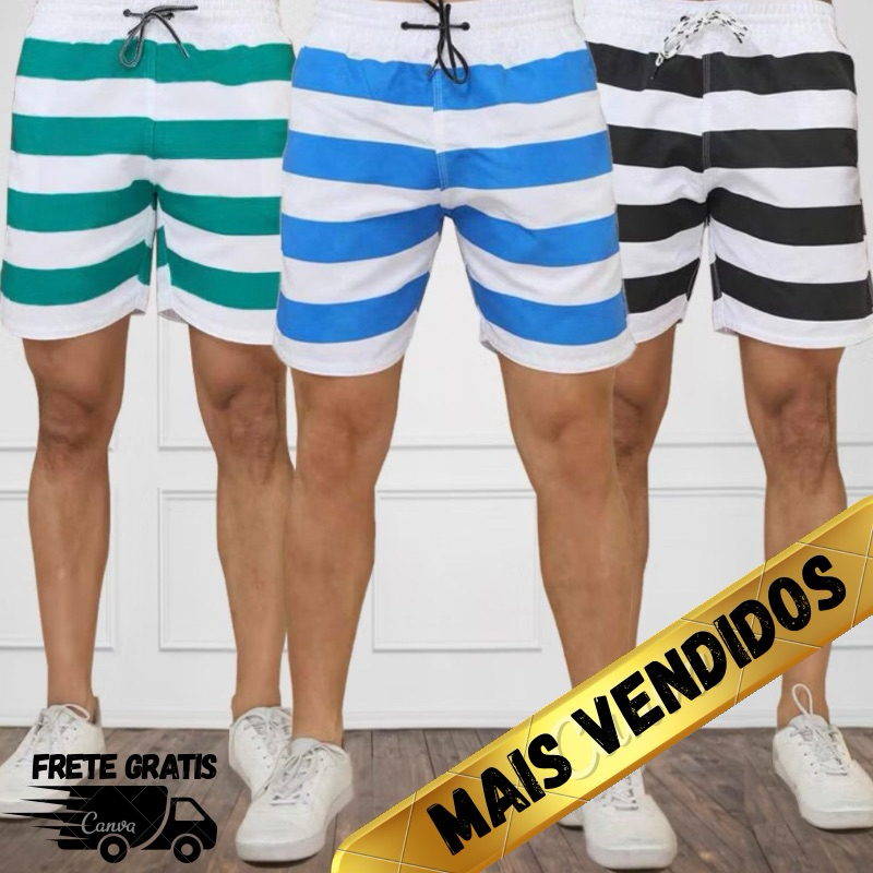 Kit com 3- Bermuda Mauricinho Listrada Masculina – Estilo Praia e Verão Academia Treino Corrida