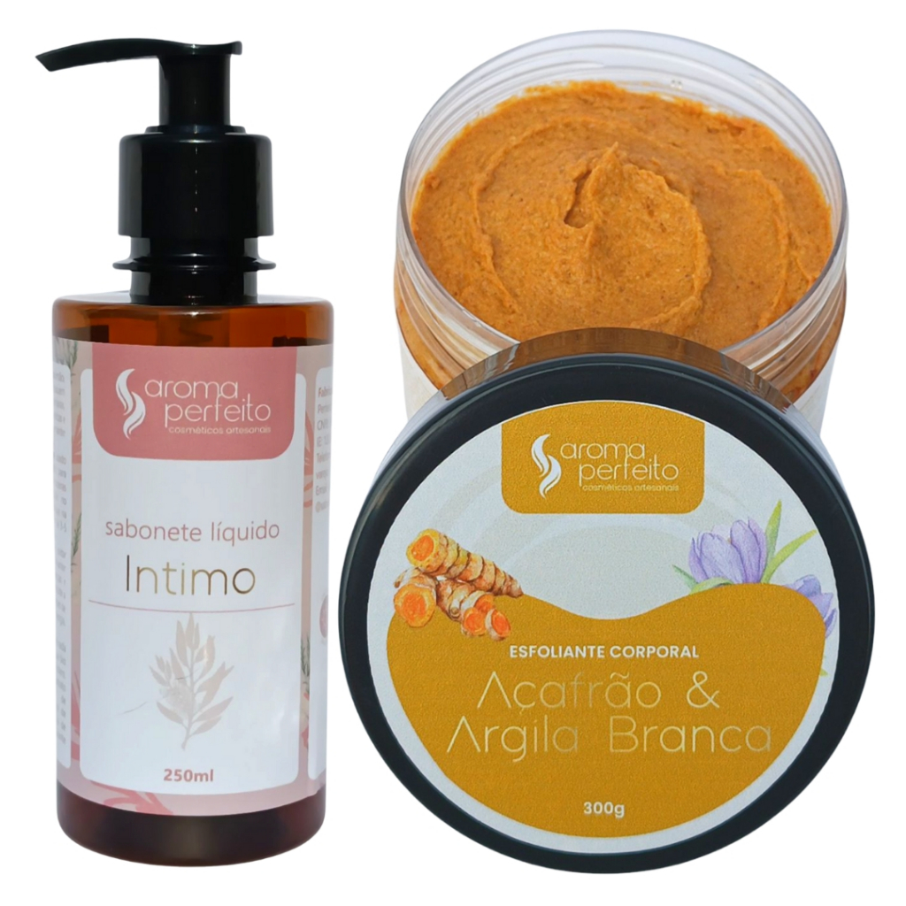 Kit 1 Liquido Íntimo e 1 Esfoliante de Açafrão e Argila  Branca