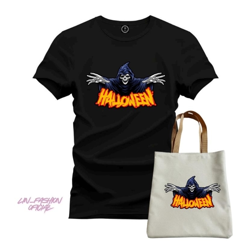 Camiseta de helloween mais bolsa estampada FANTASMA CAVEIRA  para look de festa . envio imediato