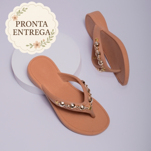 Papete Rasteira Melinda Feminina Pedraria Dourada Confortável Ortopédica Lançamento Exclusivo Shopee