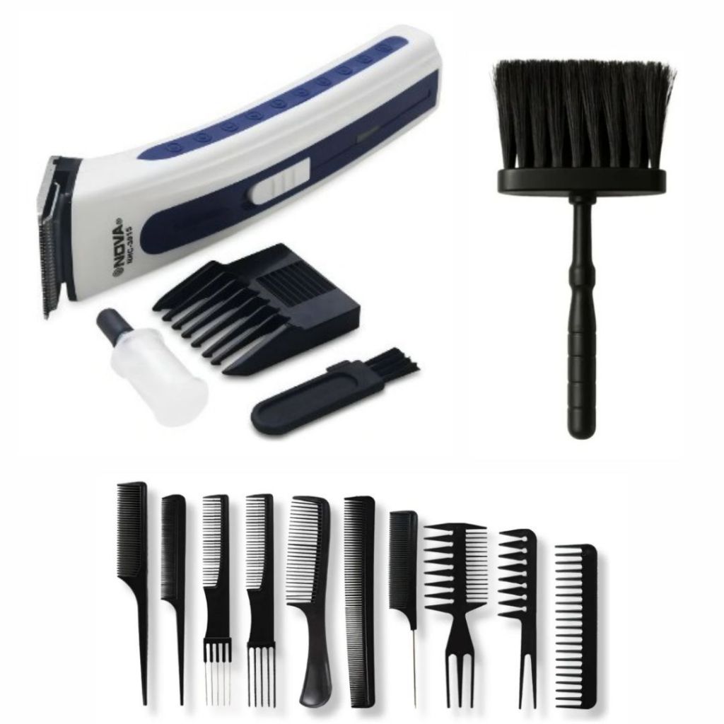 Kit Barbeiro Completo 1  Maquininha NHC-3915 + Espanador Fígaro + Kit 10 Pentes Profissionais