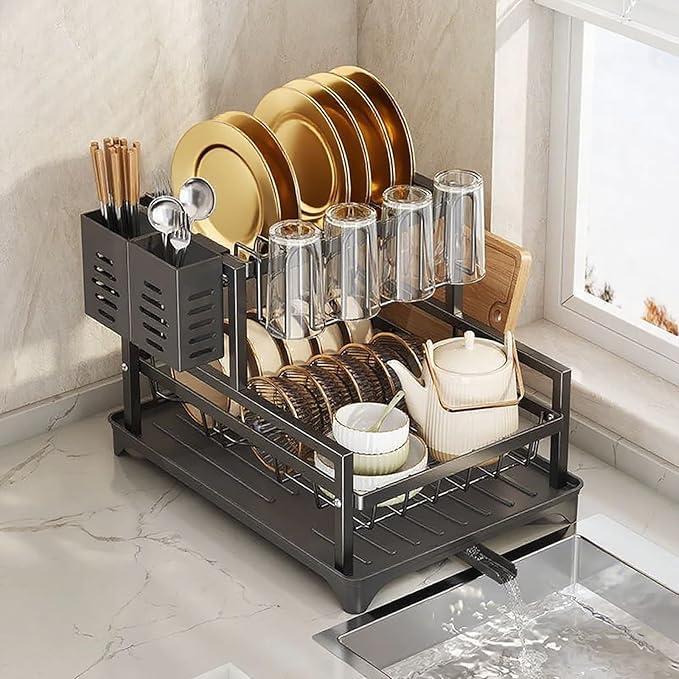 Escorredor De Louça 2 Em 1 Decoteam 2 Níveis E Ralo Ajustável 42x30x34 cm