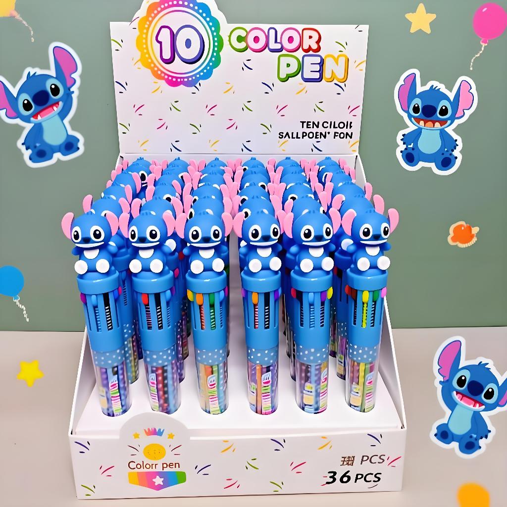 2/4/6/10peças Caneta esferográfica de dez cores da Disney Stitch, caneta esferográfica multicolorida para estudantes em Oferta na Shopee