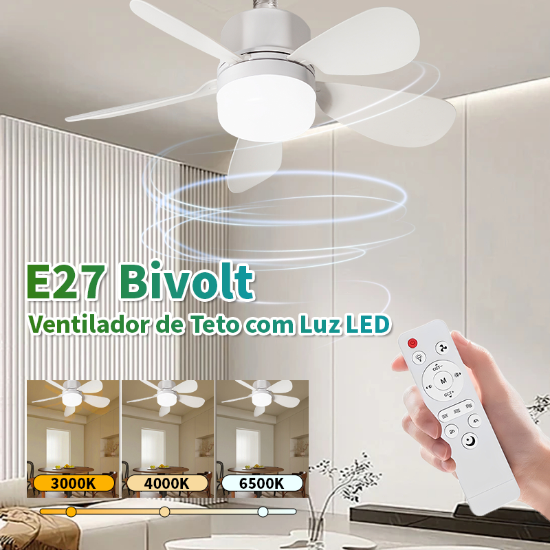 Ventilador de Teto Turbo Silencioso com Luz LED, 5 Lâminas, Controle Remoto, E27, 3 Velocidades, Bivolt 420MM em Oferta na Shopee