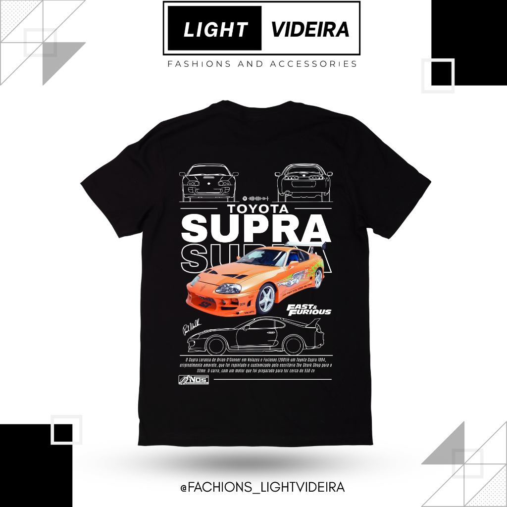 Camiseta Toyota Supra Velozes e Furiosos, Estampa Exclusiva, Unissex, 100% Algodão, Cores Branco, Preto e Off White