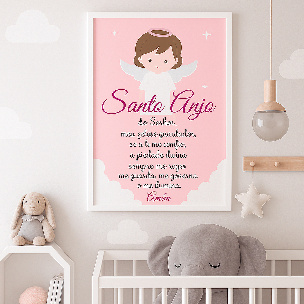 Quadro Decorativo Infantil Menina Oração Do Santo Anjo Do Senhor, Para Quarto De Criança, Cor ROSA