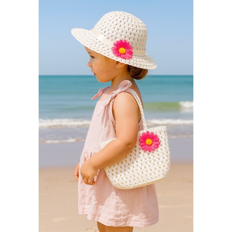 Kit infantil de chapéu e bolsinha de praia para bebês de 01 até 05 anos