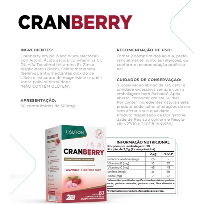 Cranberry com vitaminas, Selênio e Zinco 1000mg (60 cápsulas) - Lauton — imagem 2 de 2