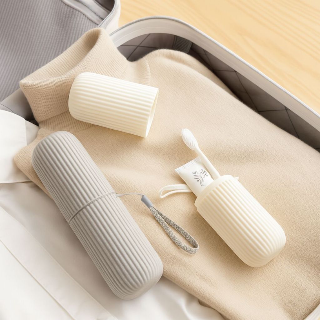 Imagem Kit Porta Escova Dentes Canelado Tampa Banheiro Viagem Organizador de Escovas Pasta Higiene