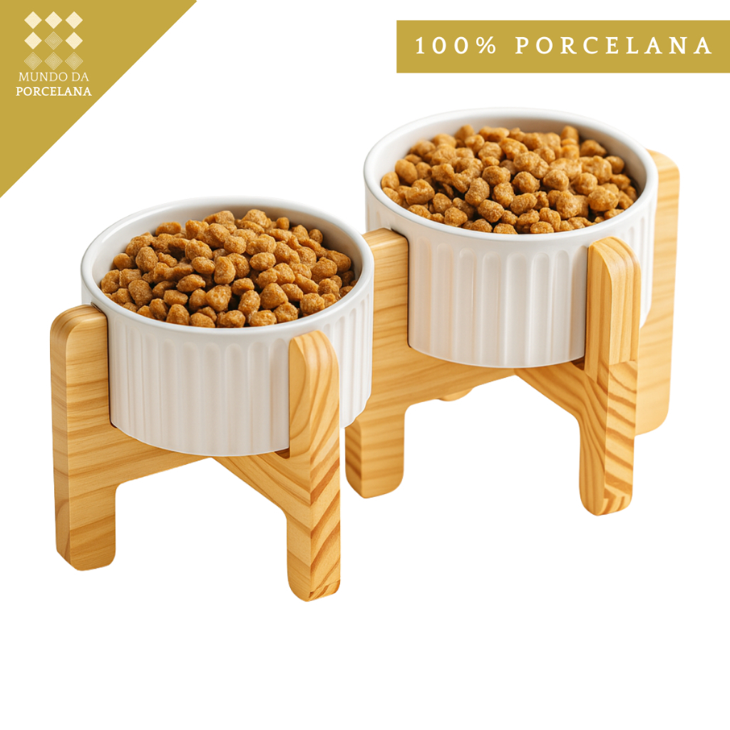 Comedouro Bebedouro Pet Elevado Duplo Pote Ração Água Porcelana 320ml