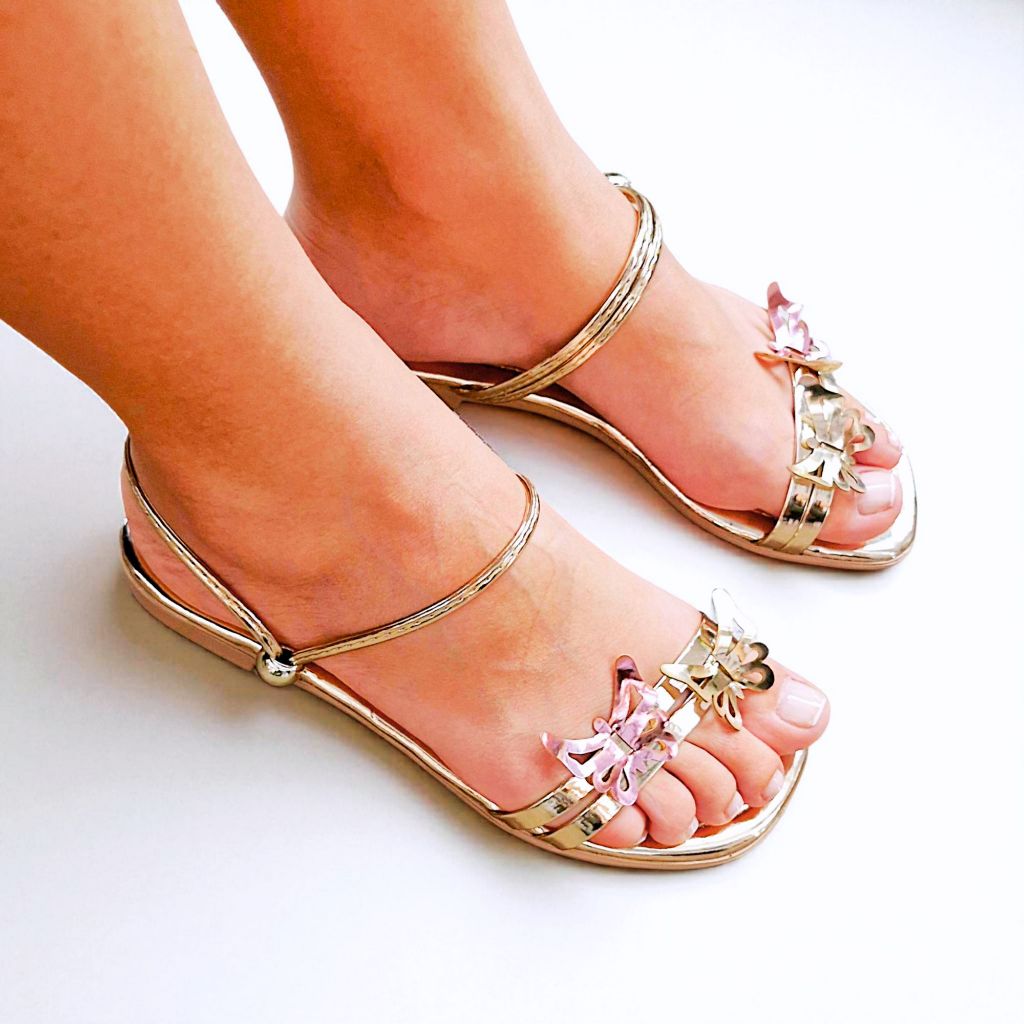 Sandália Rasteira  Flat Feminina 2 em 1 Traseiro Ajustável com detalhe delicado de Borboleta