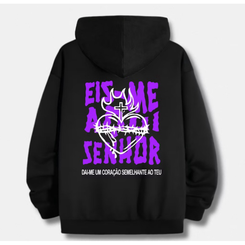 Blusa Moletom Canguru Eis-Me Aqui Senhor Estampado Gospel Religioso Flanelado
