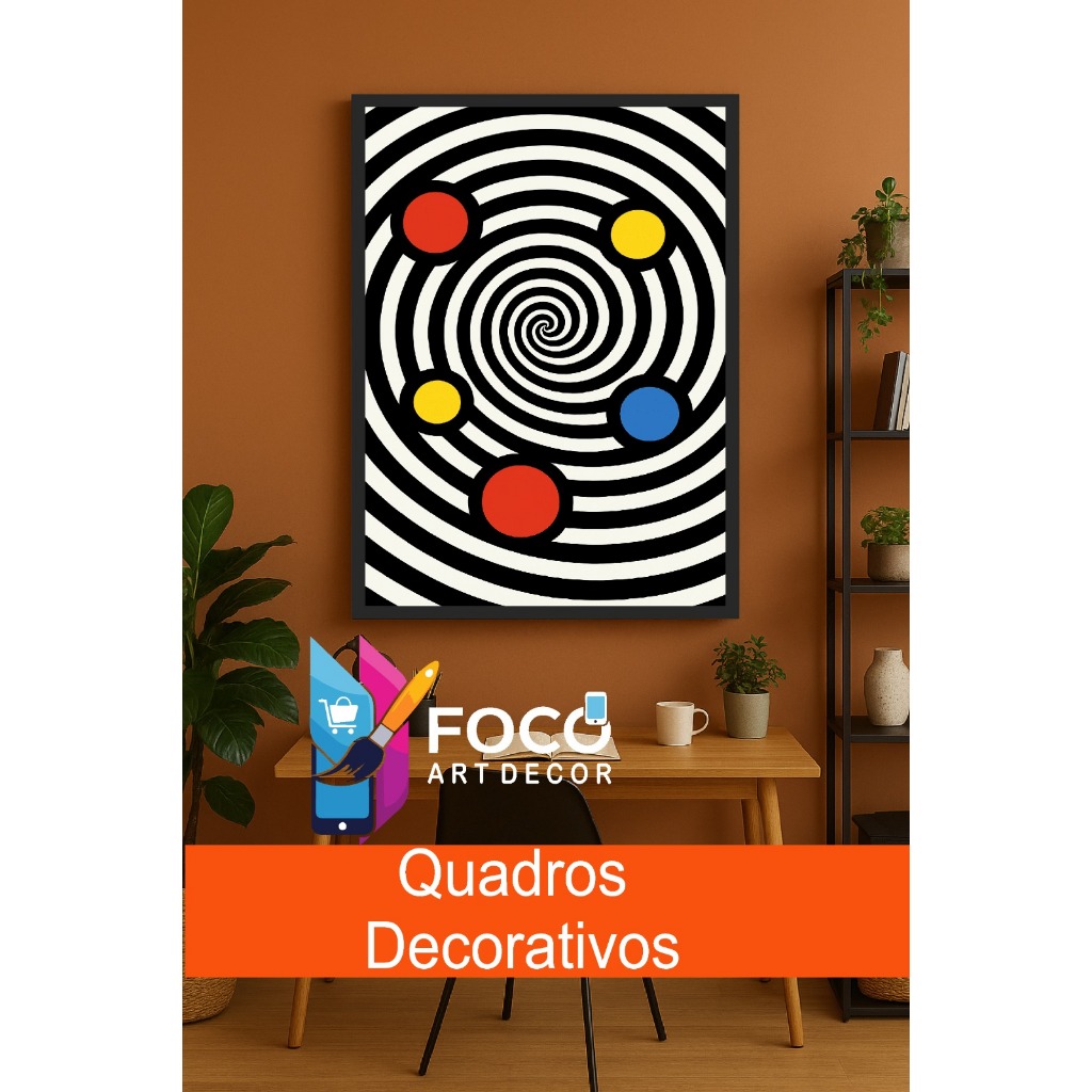 Quadro Decorativo Op Art Espiral Hipnose Cores Abstrato Moderno Pop Arte para Sala Quarto Escritório