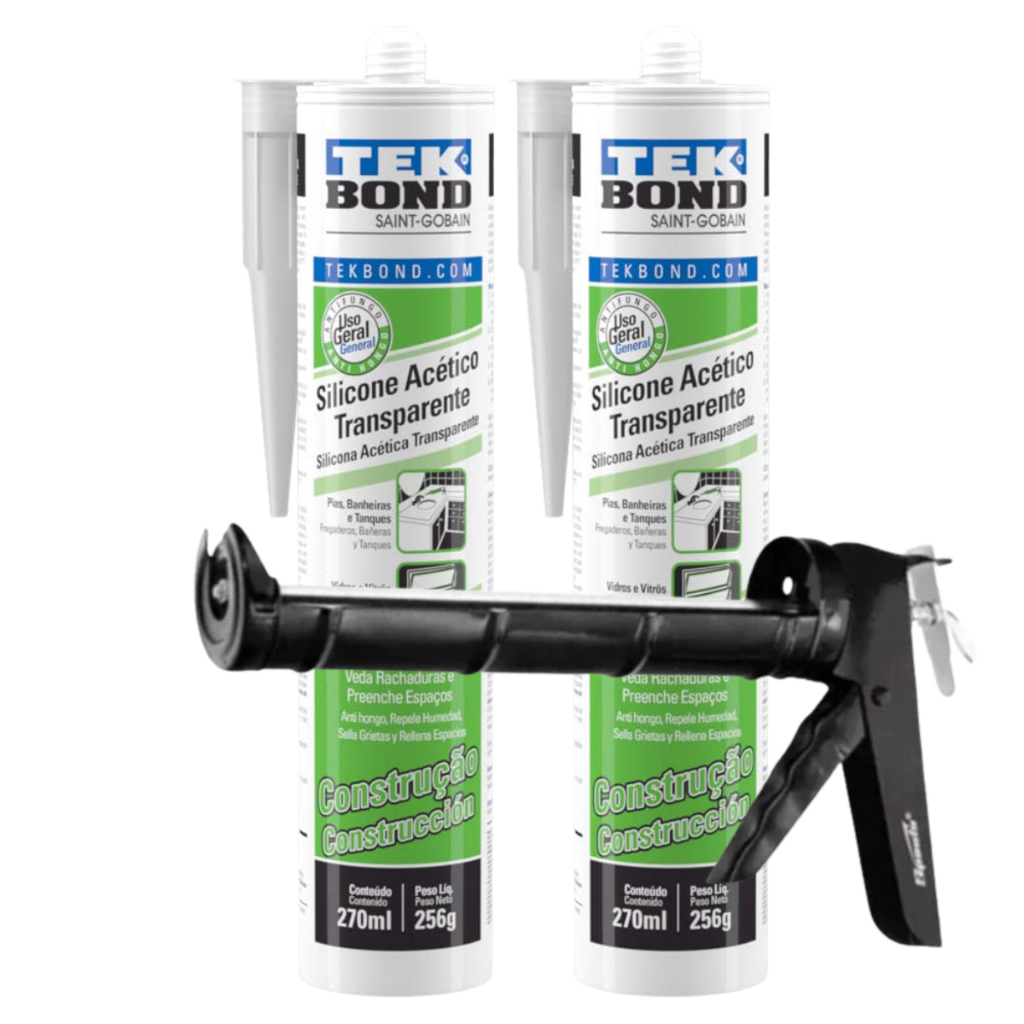 Kit Silicone Tekbond Acético Incolor 256g + Aplicador Canoa 9” Vedação Completa