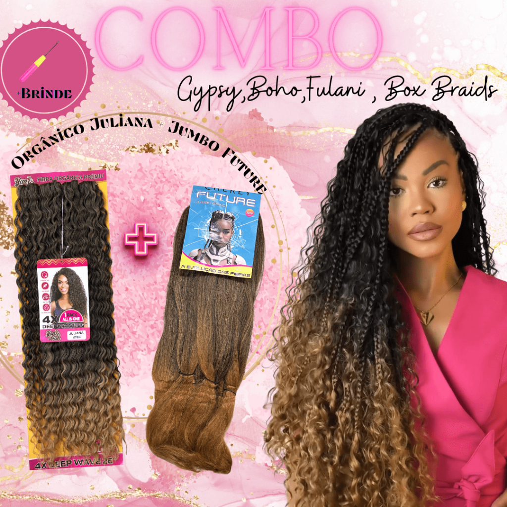 Combo Gypsy, Boho, Fulani ou Box Braids – Fibra Orgânica Cacheada + Jumbo + Agulha