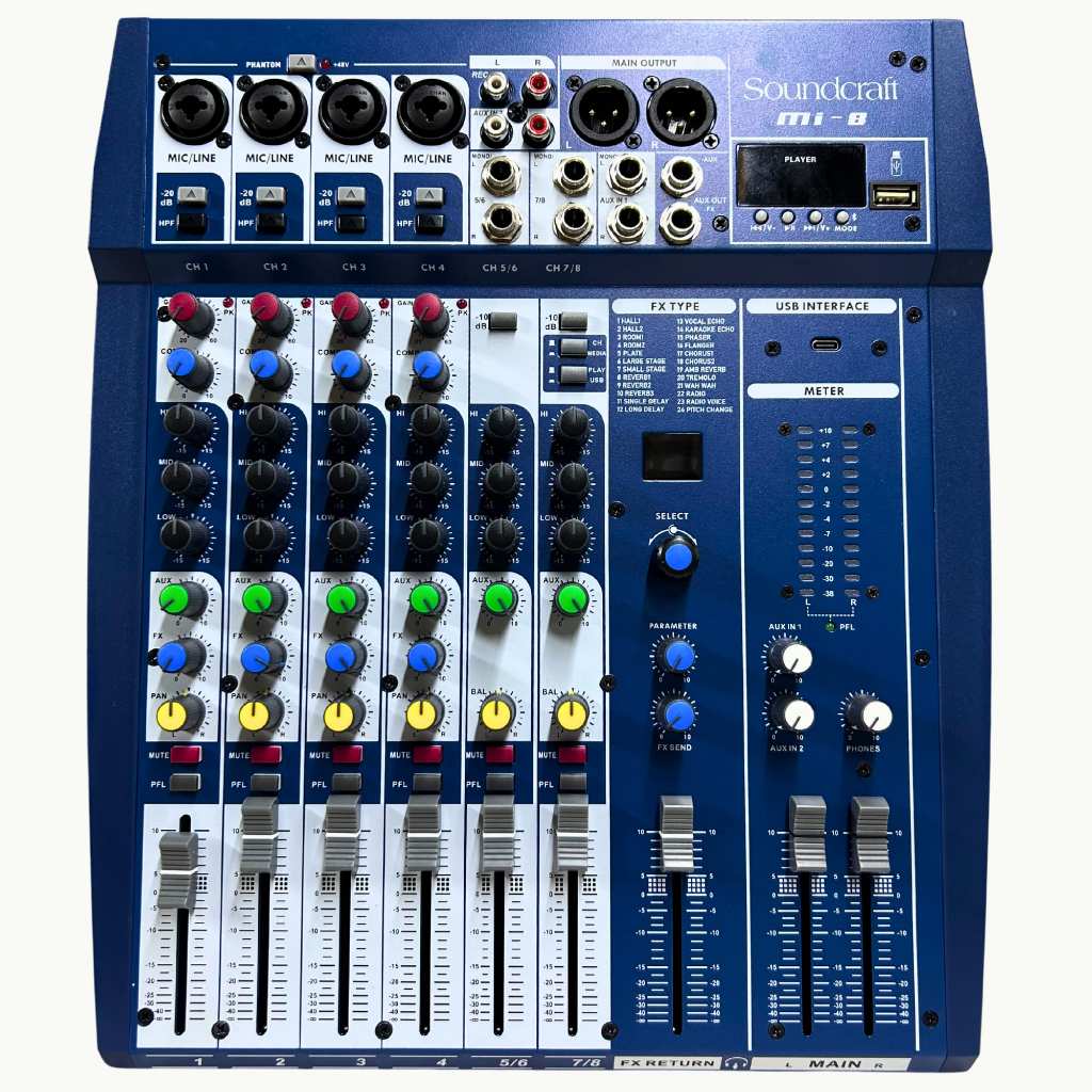 Mesa de Som Profissional Soundcraft Mi-8 Analógica 8 Canais USB Stereo MI 8 Estéreo