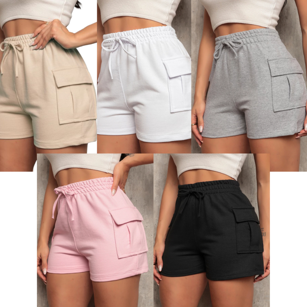 Kit 5 Shorts Cargo Moletom Feminino Com Bolso Lateral Moletinho em Oferta na Shopee