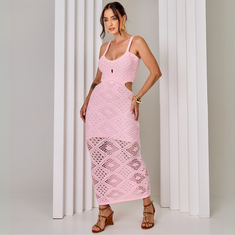 Vestido Longo Tricô Rendado Recorte Lateral Sexy Elegante Modal Ajustado Feminino