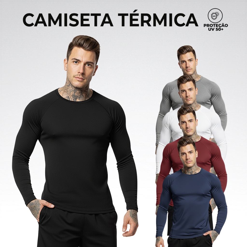Camisa Térmica Proteção Uv 50+ Segunda Pele Camiseta Blusa Malha Fria Unissex Academia Manga Longa