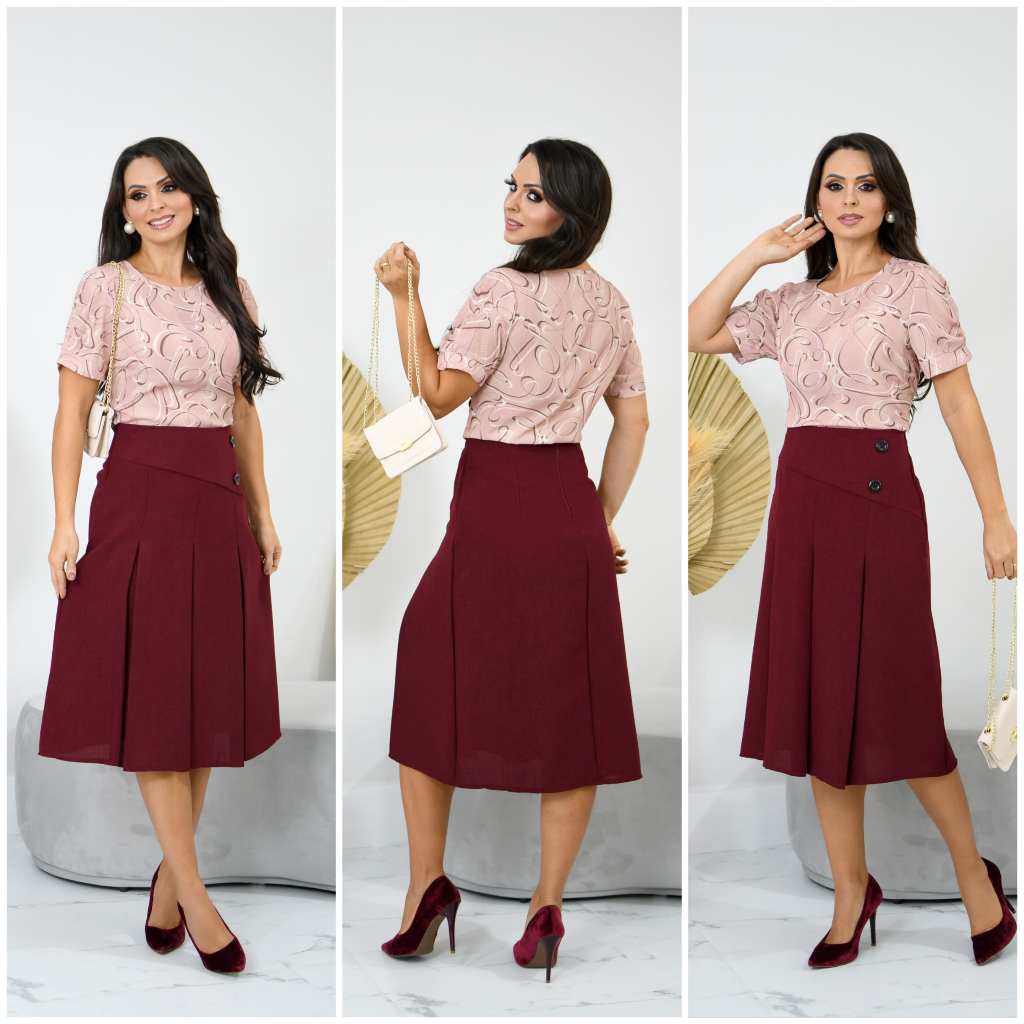 Saia Feminina Plissada detalhe 2 botão, tecido linho rustico cintura alta , moda evangélica elegante.