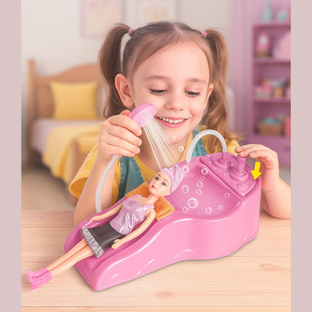 Kit Lavatório com Boneca de Salão Cabelereiro de Beleza Rosa Ducha que Sai Aguá de Verdade