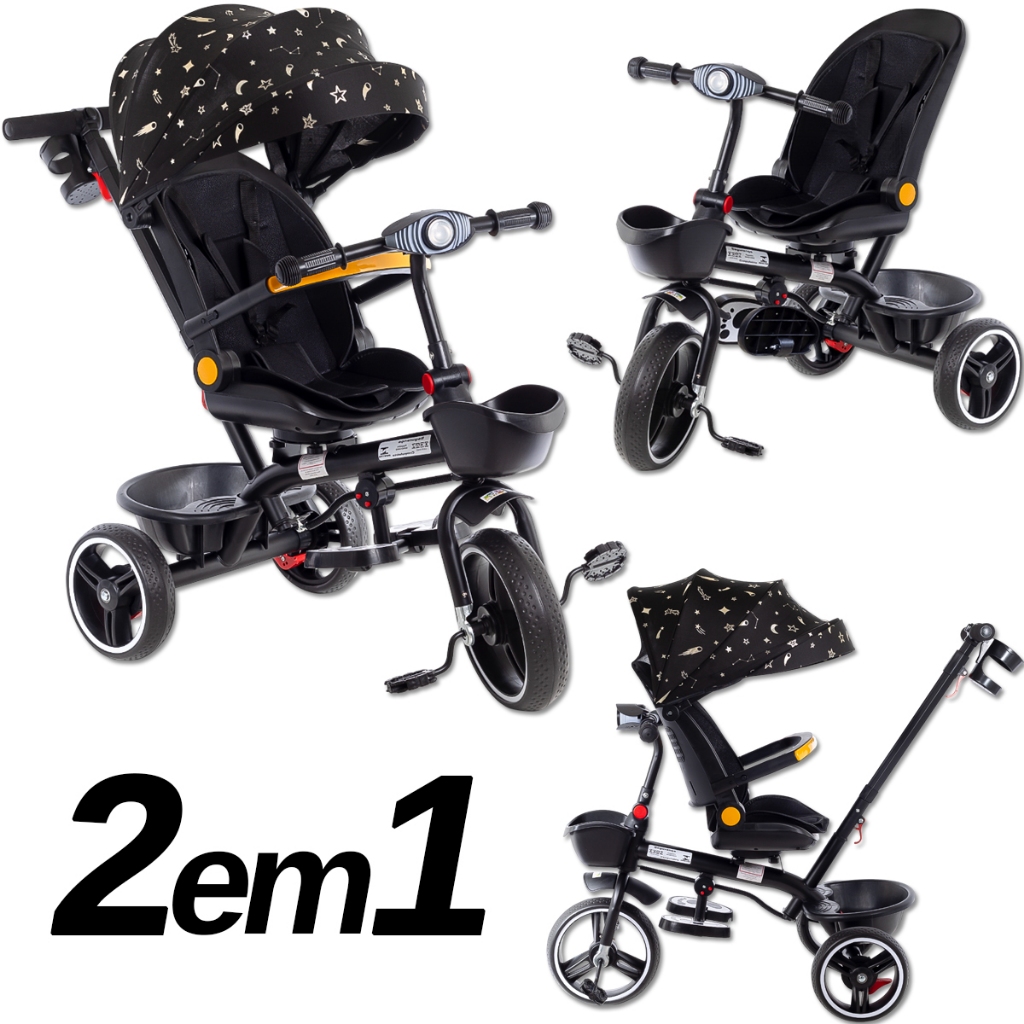 Triciclo Infantil com Empurrador 2 em 1 Luxo Carrinho de Passeio Criança com Capota 50kg Haste Guia