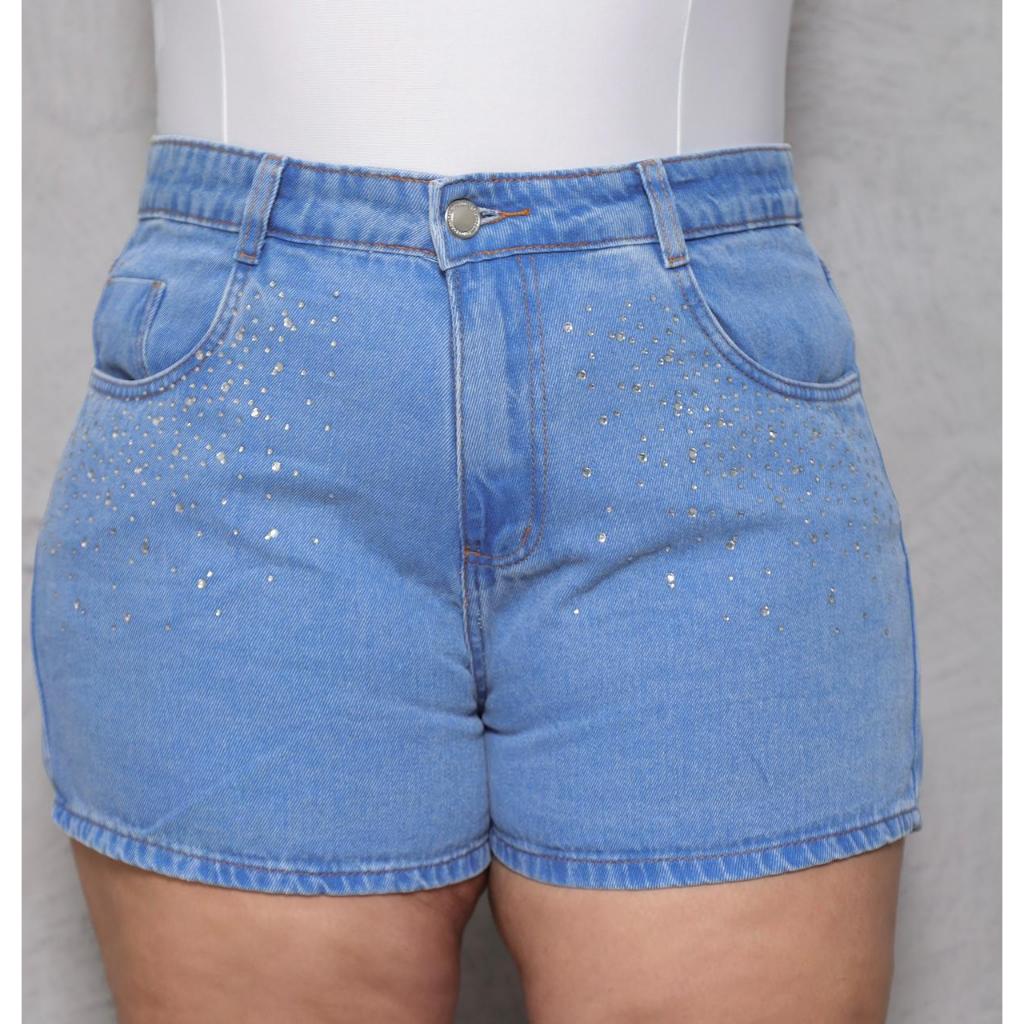 Rainbow Short jeans plus size aplicaçao sem elastano cintura alta bolso na frente