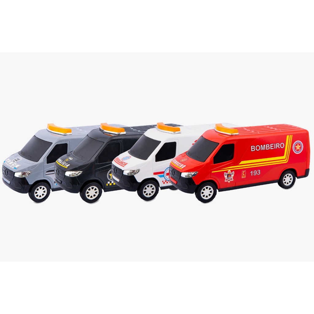Carrinho Van Ambulância Polícia Bombeiro SWAT Brinquedo Infantil Conjunto Viaturas Emergência Menino
