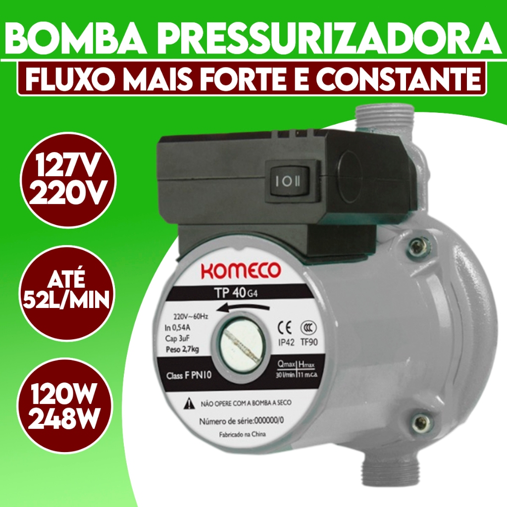 Bomba pressurizadora 120/248 watts 1800 a 3100L/H komeco