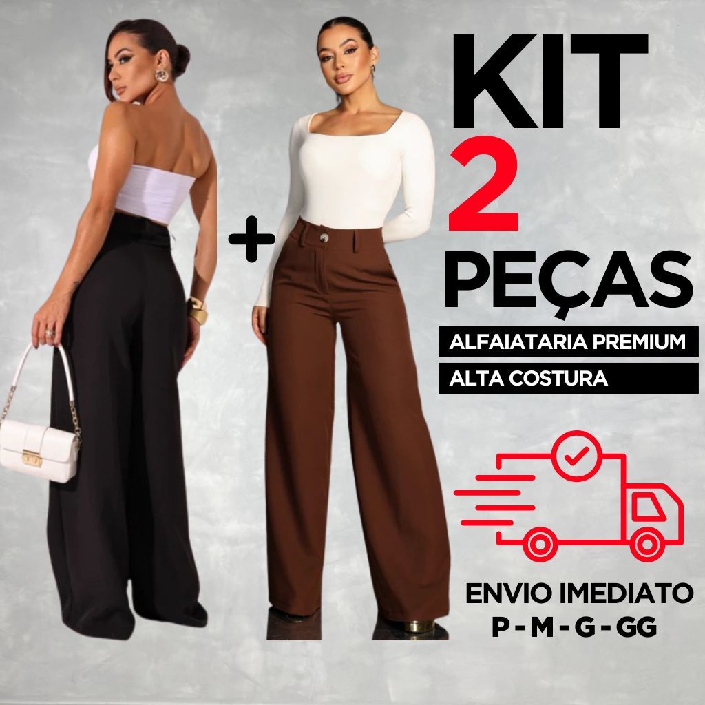 Kit 2 Calça Pantalona Feminina Alfaiataria Premium COM BOLSO - Social Cintura Alta - Tendencia Wide Leg Elegante em Oferta na Shopee